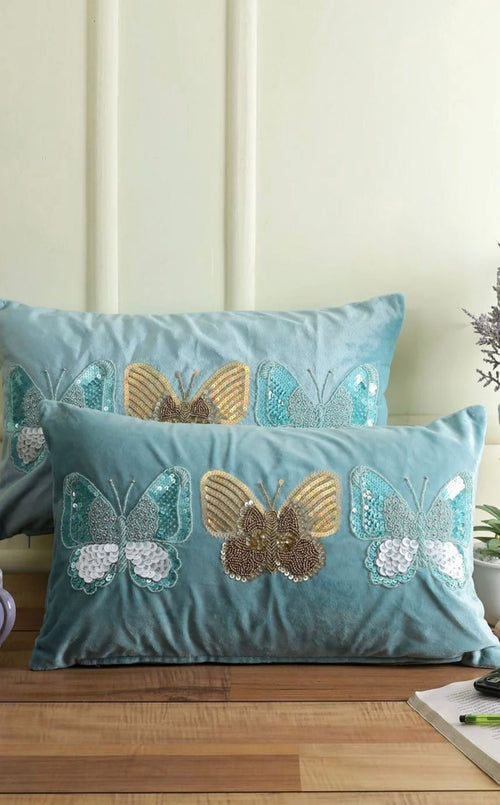 Aqua Butterfly Velvet Pillow Cover Set of 2