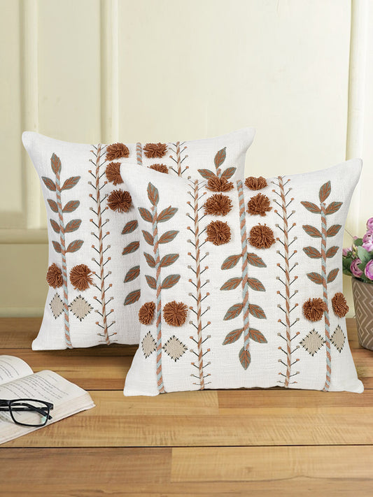 Rust Embroidered Leaf Pom Pom Pillowcase