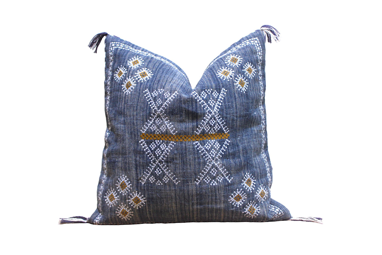 Embroidered Blue Linen Pillow Cover