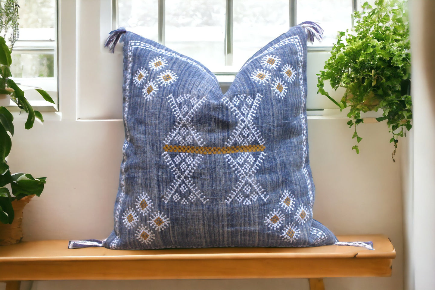 Embroidered Blue Linen Pillow Cover