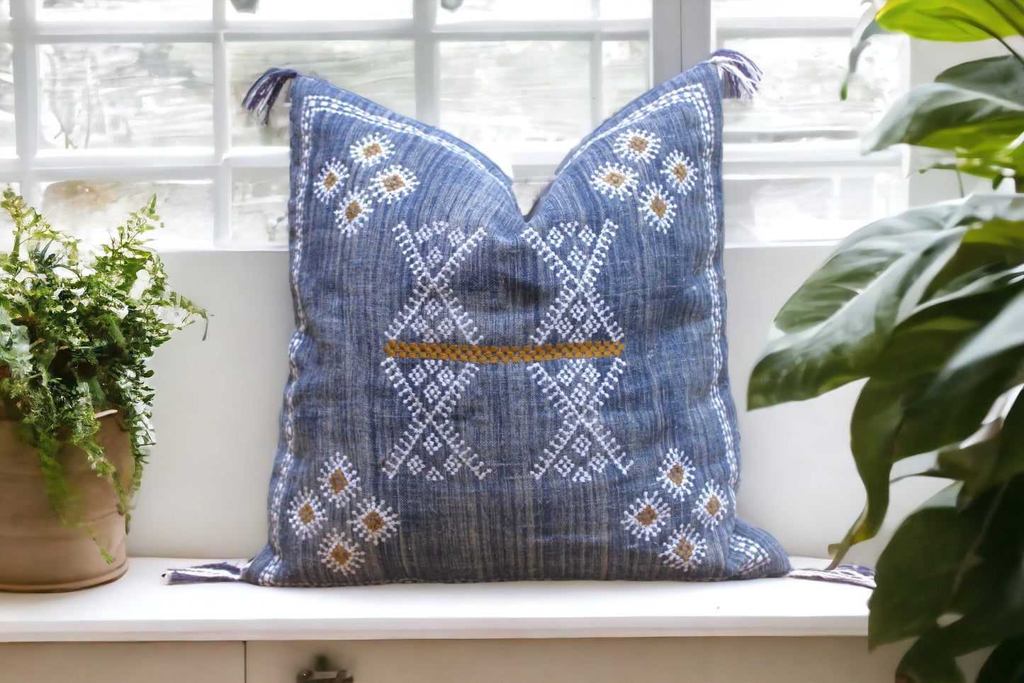 Embroidered Blue Linen Pillow Cover