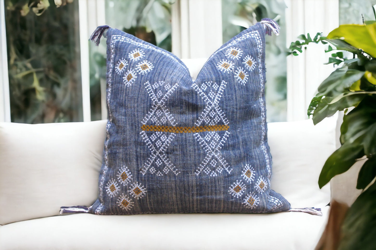 Embroidered Blue Linen Pillow Cover