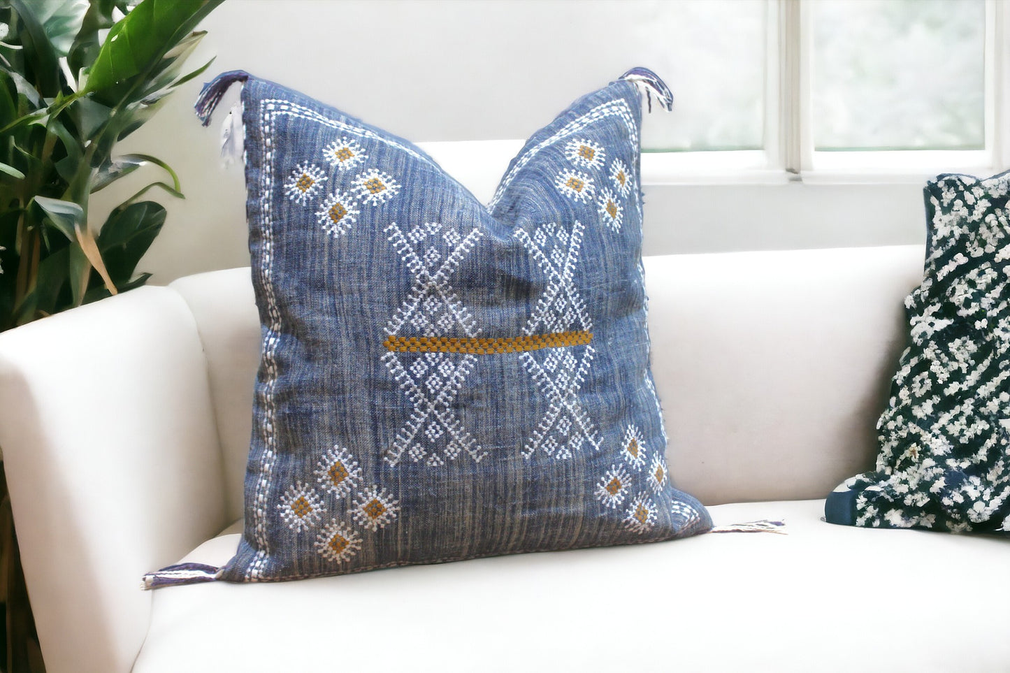 Embroidered Blue Linen Pillow Cover