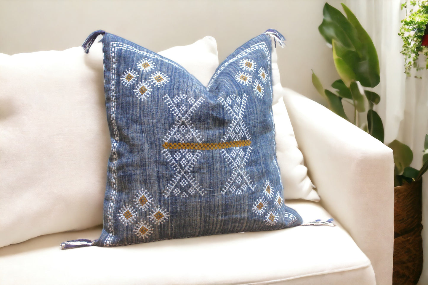 Embroidered Blue Linen Pillow Cover