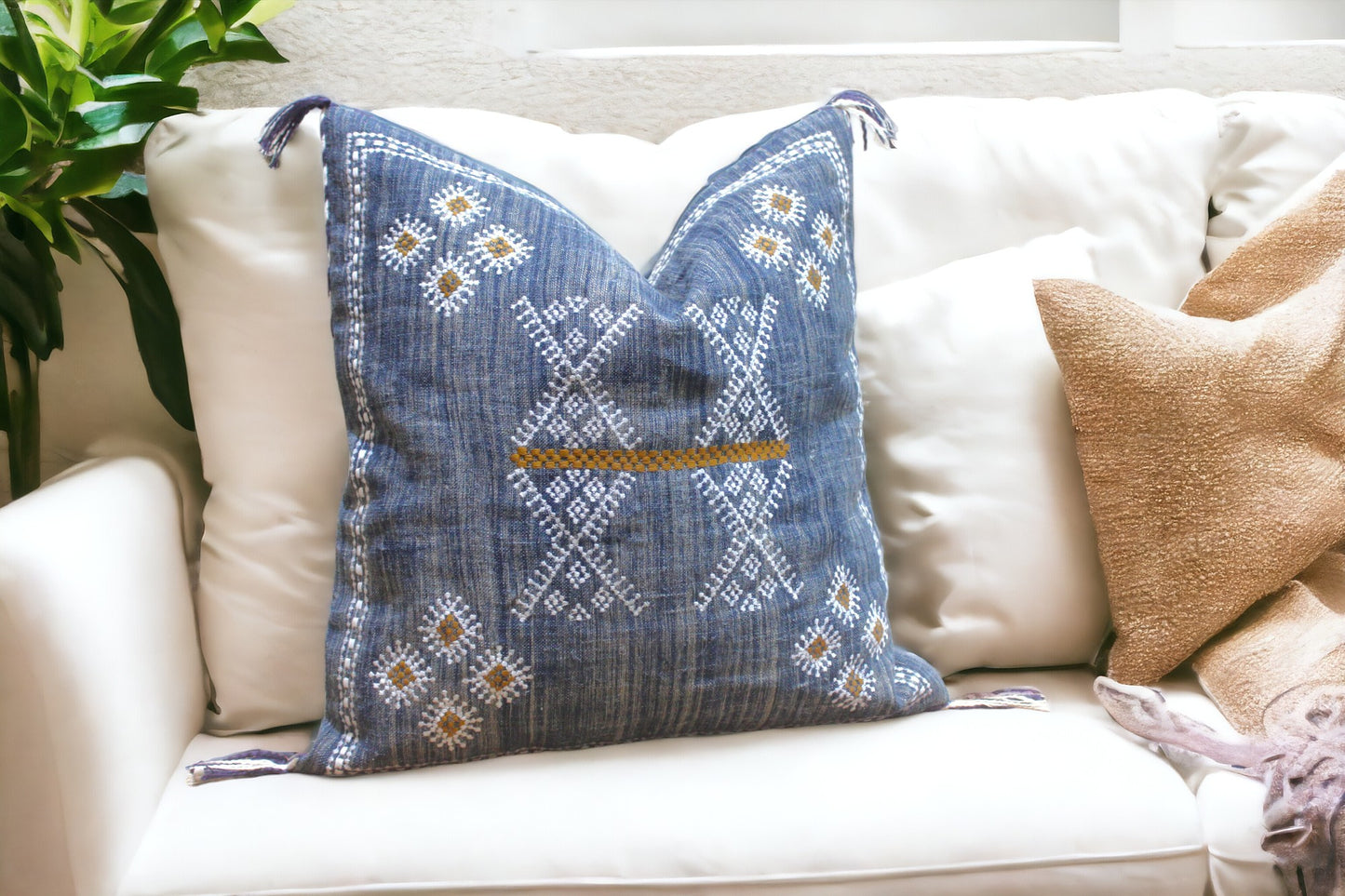 Embroidered Blue Linen Pillow Cover