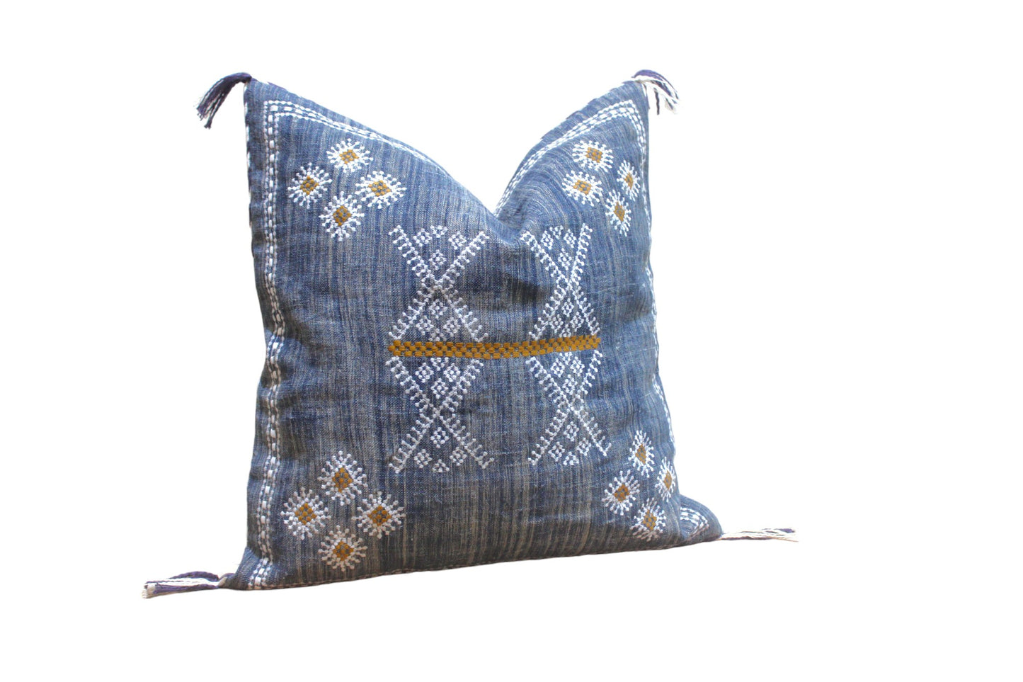 Embroidered Blue Linen Pillow Cover