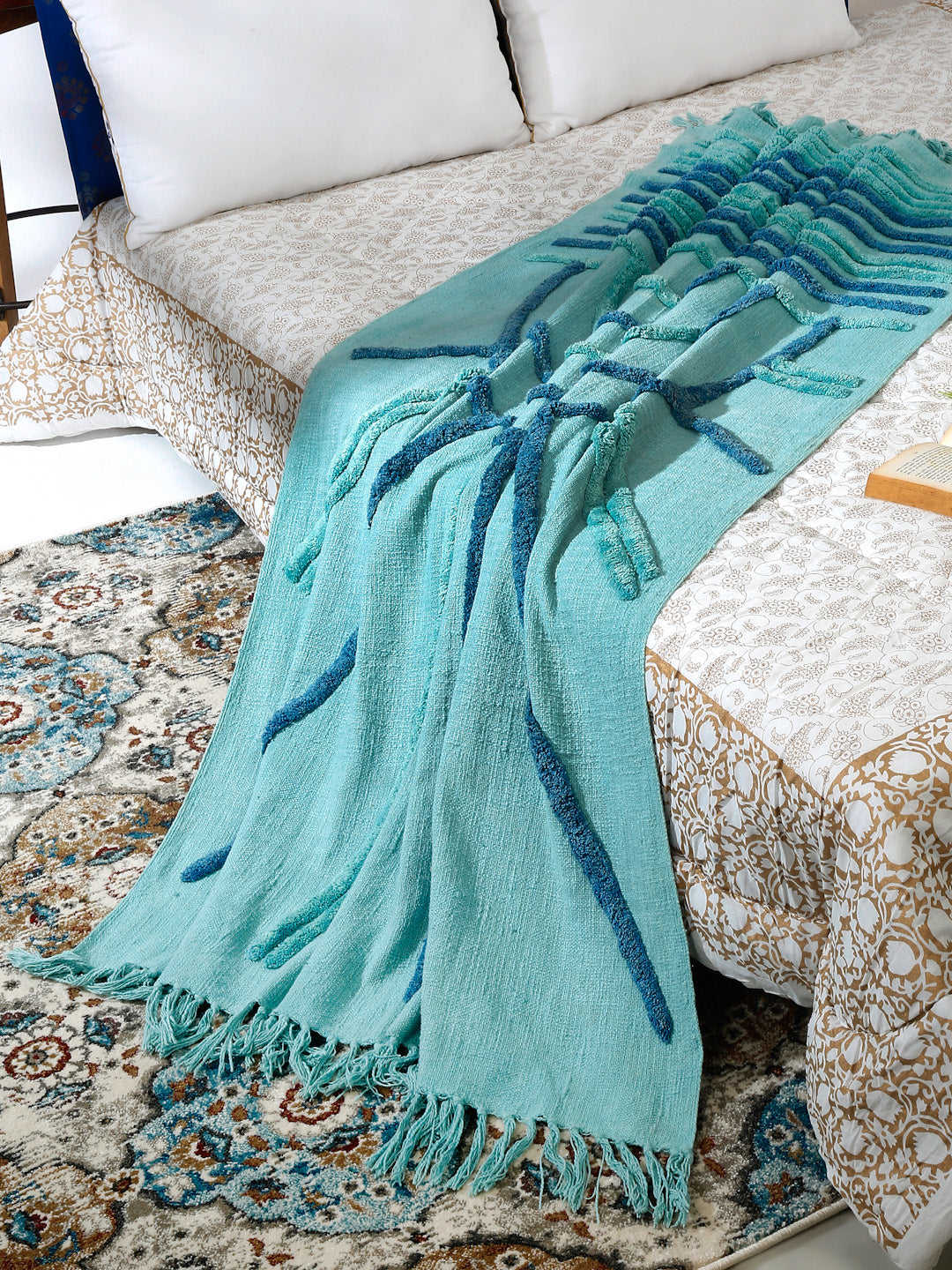 Sunrise Sea Blue Tufted Cotton Throw Blanket