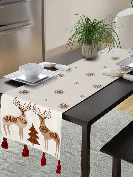 Embroidered Reindeer Linen Flax Table Runner