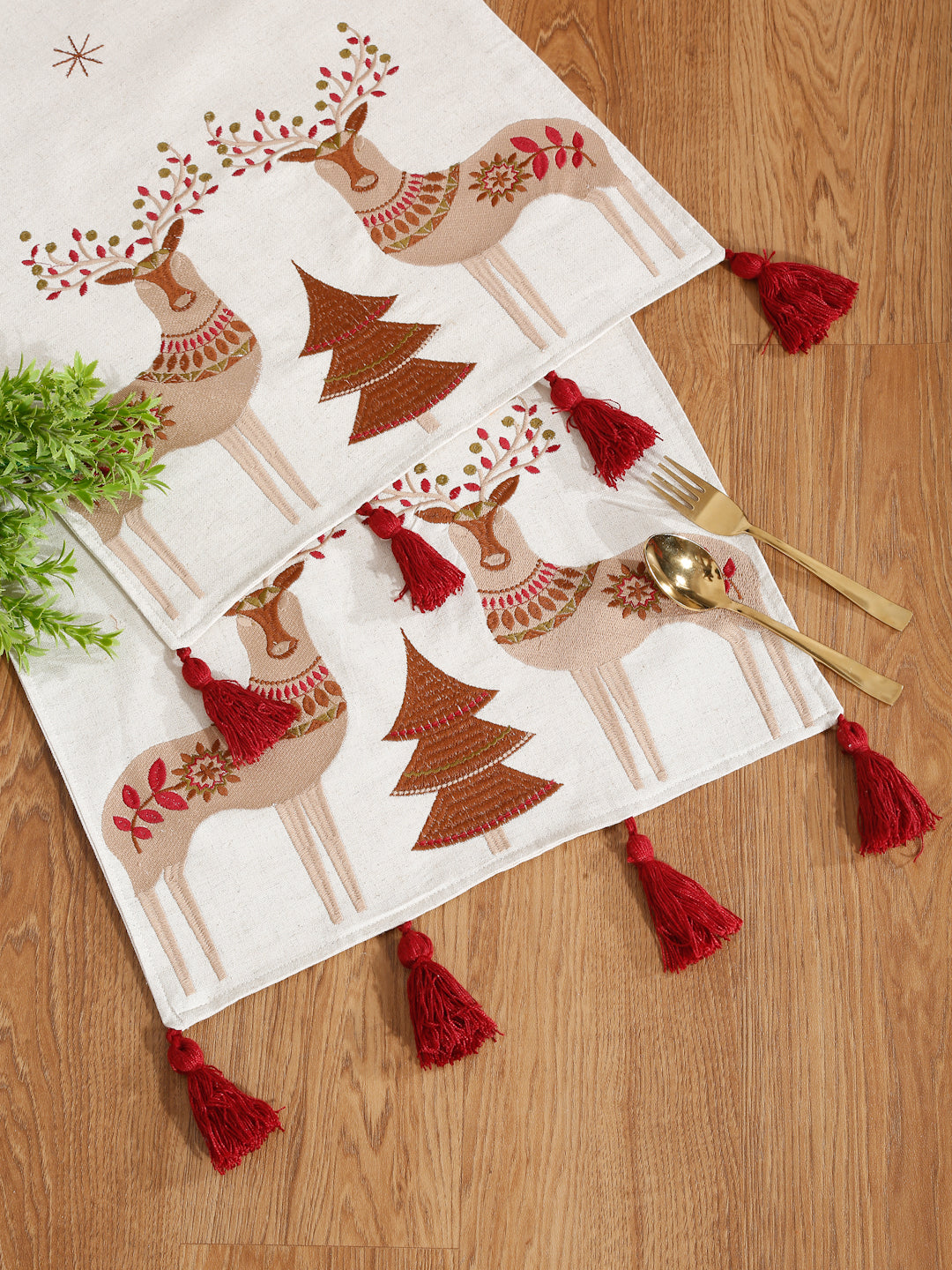 Embroidered Reindeer Linen Flax Table Runner