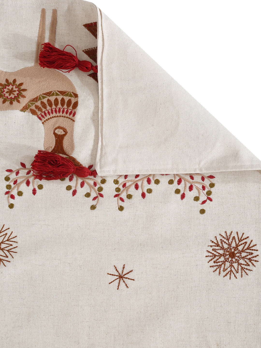 Embroidered Reindeer Linen Flax Table Runner