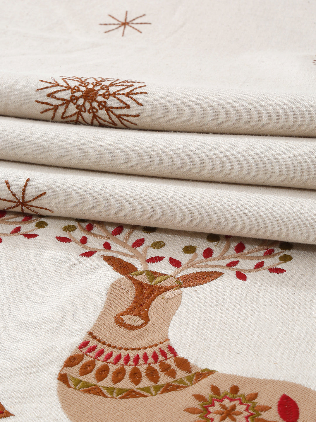 Embroidered Reindeer Linen Flax Table Runner