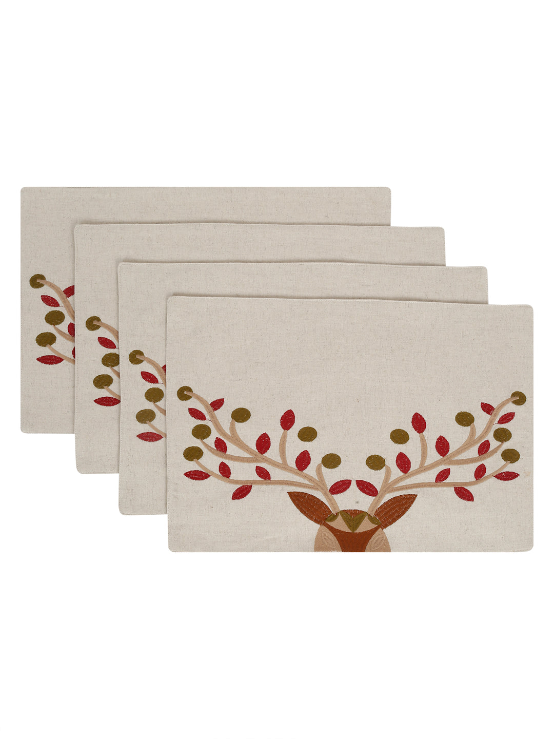 Embroidered Reindeer Linen Flax Table Placemats