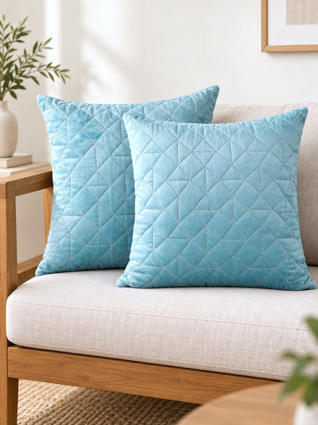 Aqua Diamond Quilted Velvet Cushion Cover – Set of 2