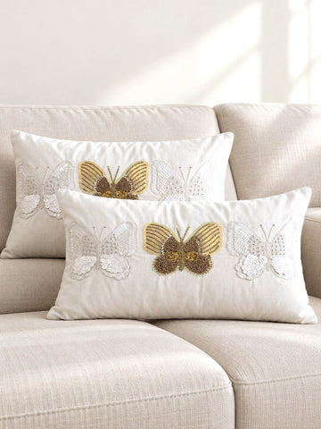 Ivory Butterfly Velvet Cushion Cover – Set of 2
