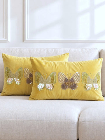 Golden Butterfly Velvet Pillow Cover Set of 2