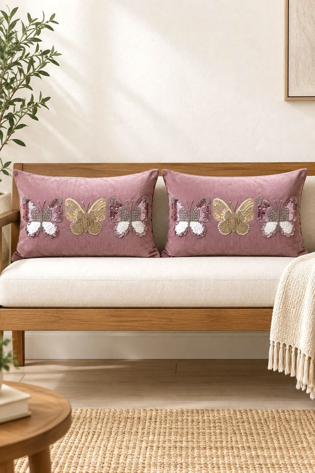 Mauve Butterfly Velvet Pillow Cover Set of 2