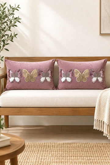 Mauve Butterfly Velvet Pillow Cover Set of 2
