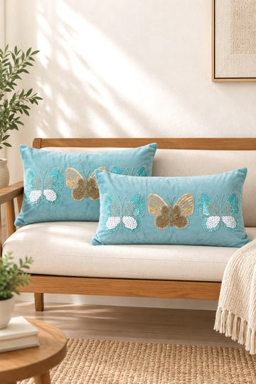 Aqua Butterfly Velvet Pillow Cover Set of 2