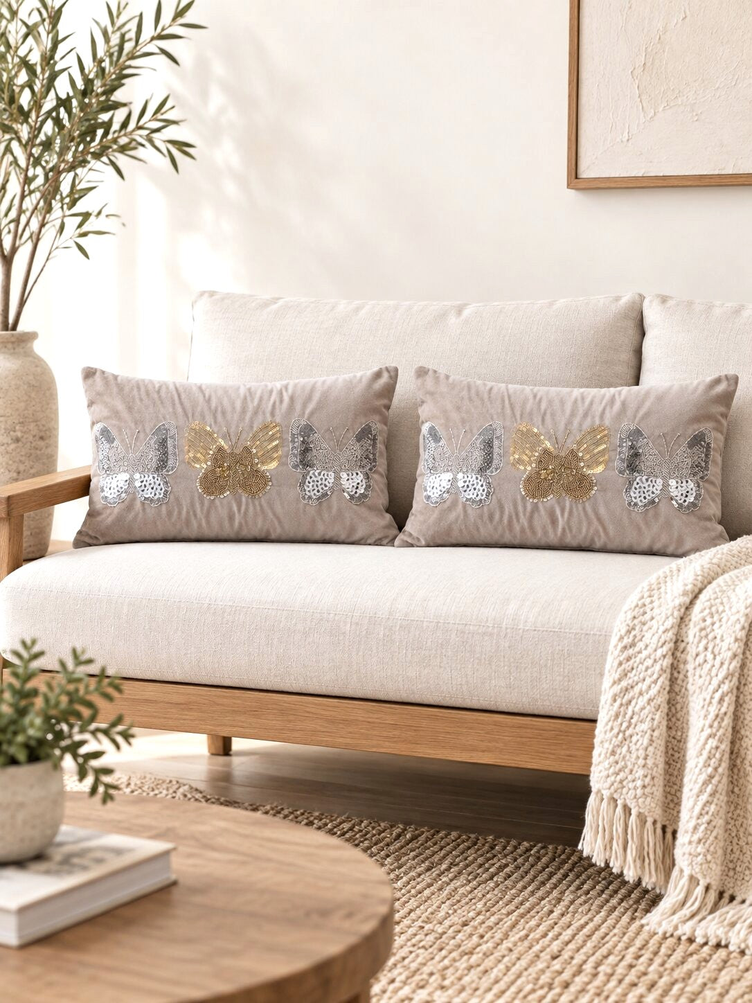Taupe Butterfly Velvet Pillow Cover - Set of 2