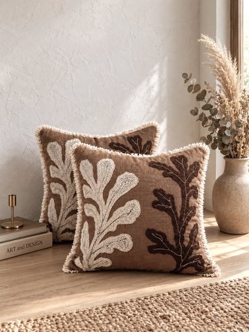 Cocoa Cactus Hand-Embroidered Cotton Cushion Cover – Set of 2