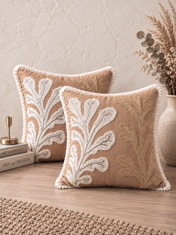 Sahara Cactus Hand-Embroidered Cotton Cushion Cover – Set of 2