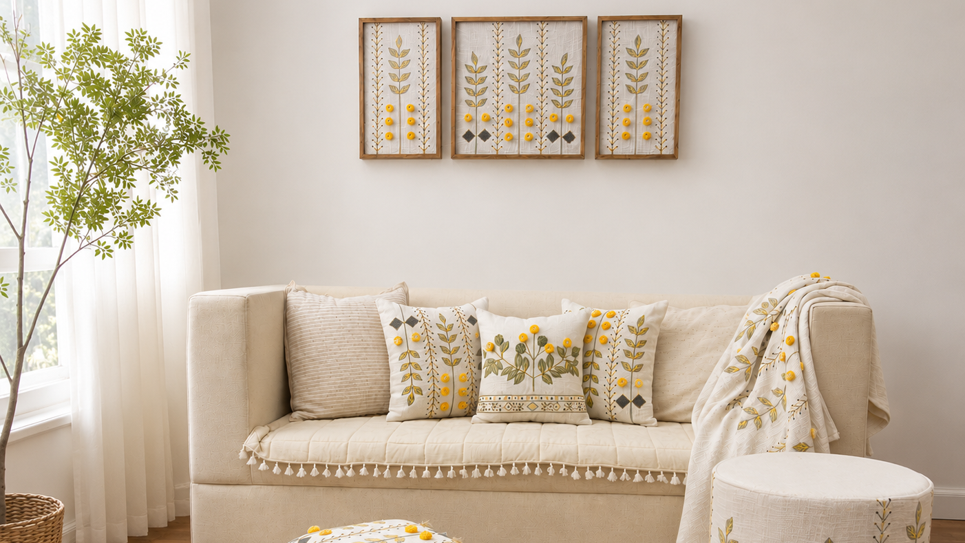 Beige sofa with decorative pillows and a blanket in a living room setting.