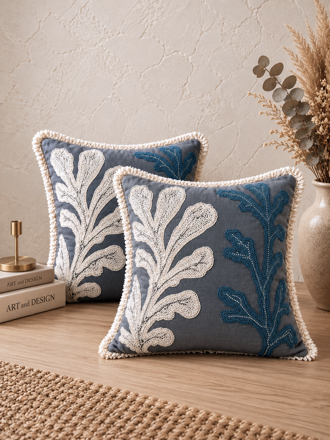 Grey Cactus Hand-Embroidered Cotton Cushion Cover – Set of 2