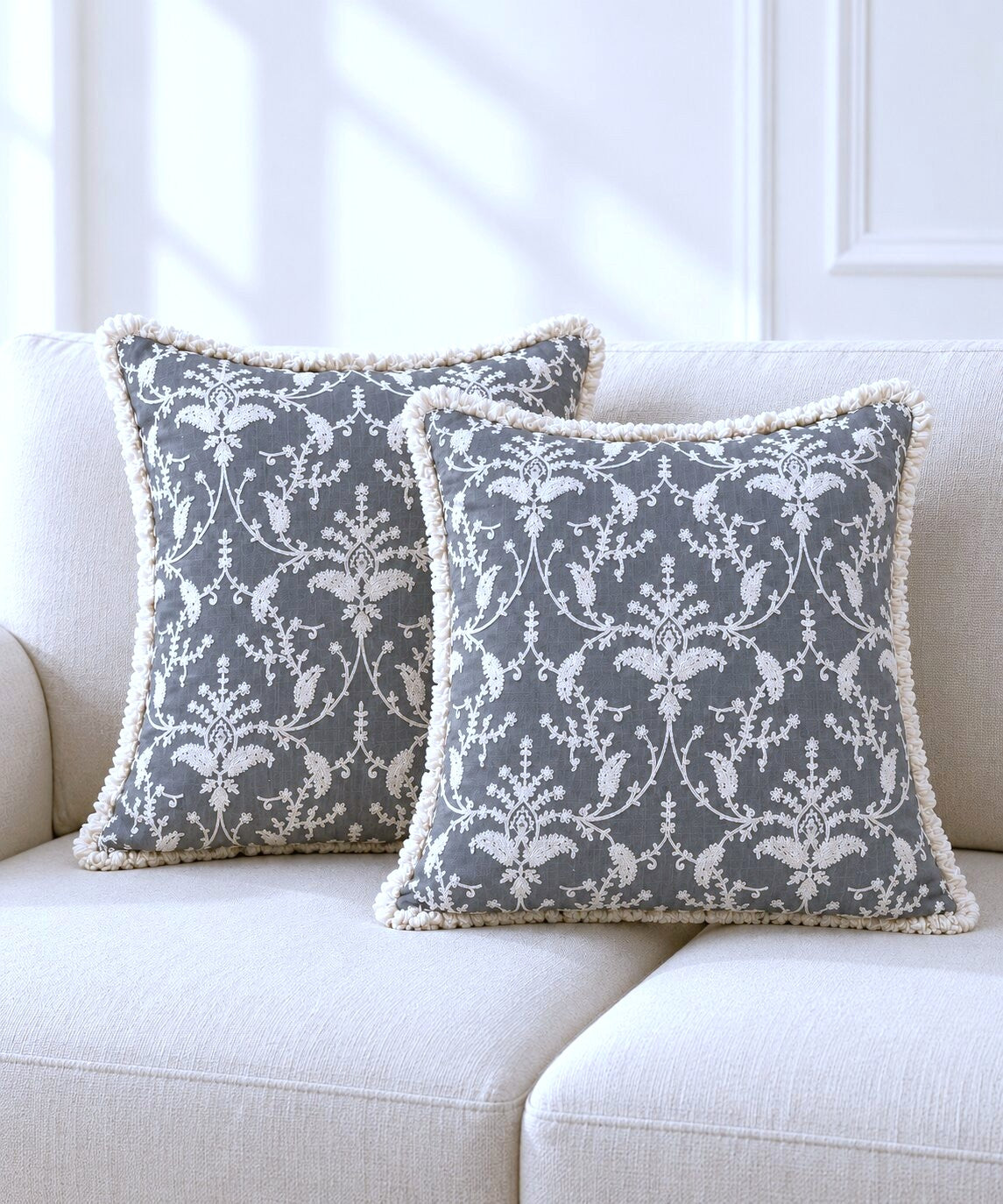 Grey Garden Fringed Embroidered Cotton Cushion Cover – Set of 2