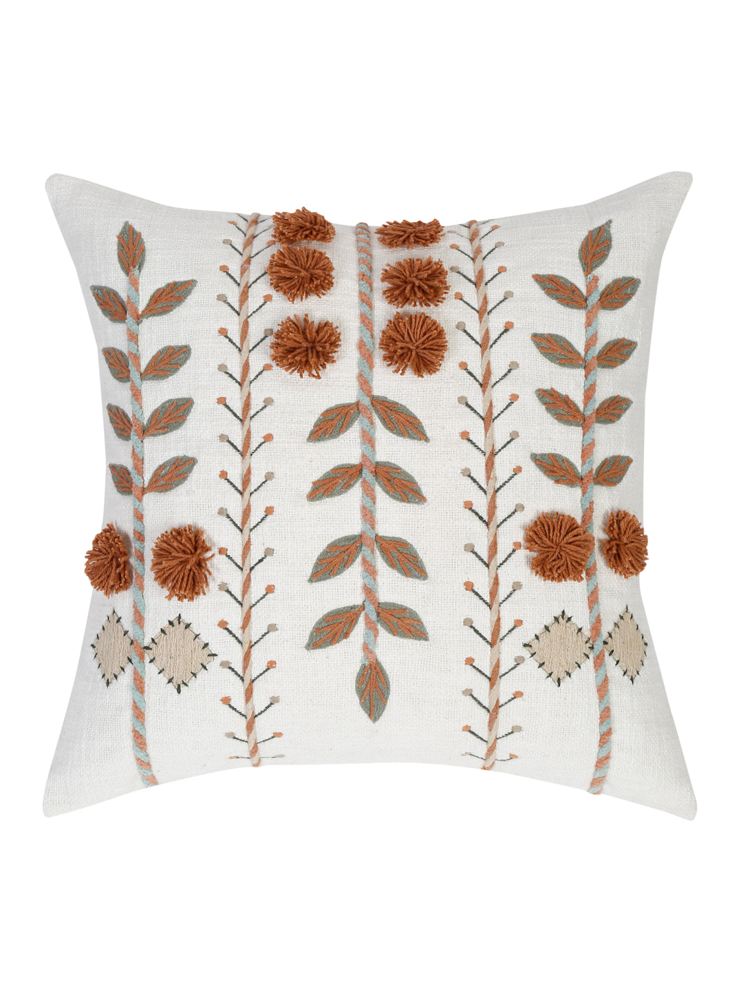 Rust Embroidered Leaf Pom Pom Pillowcase