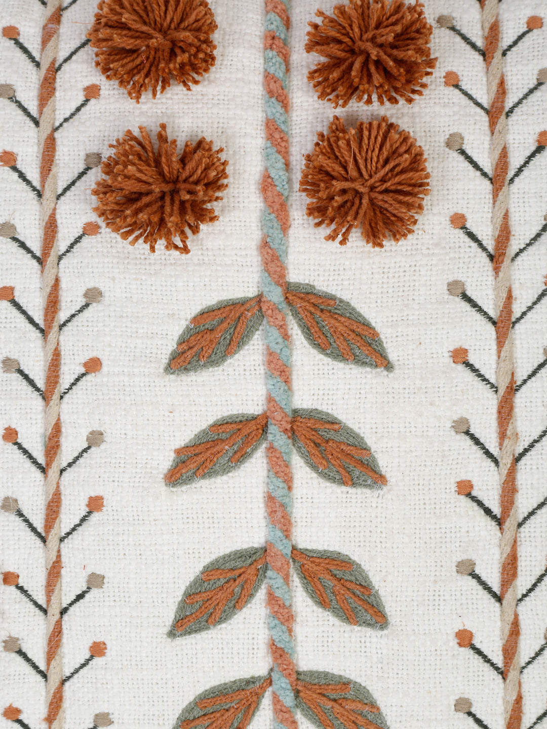 Rust Embroidered Leaf Pom Pom Pillowcase