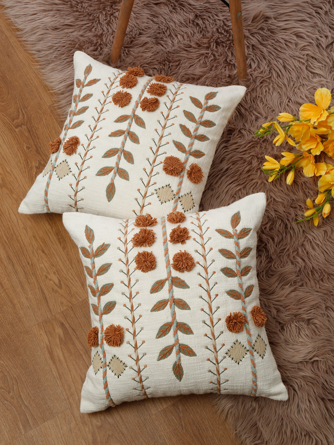 Rust Embroidered Leaf Pom Pom Pillowcase