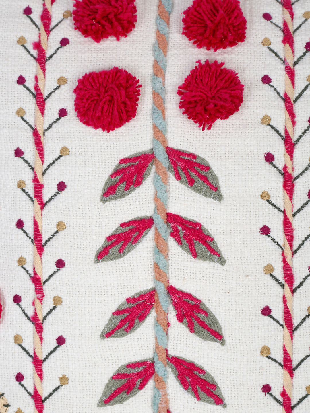 Set of 2 White & Red Hand Embroidered Cotton Cushion Cover 18x18 Inch