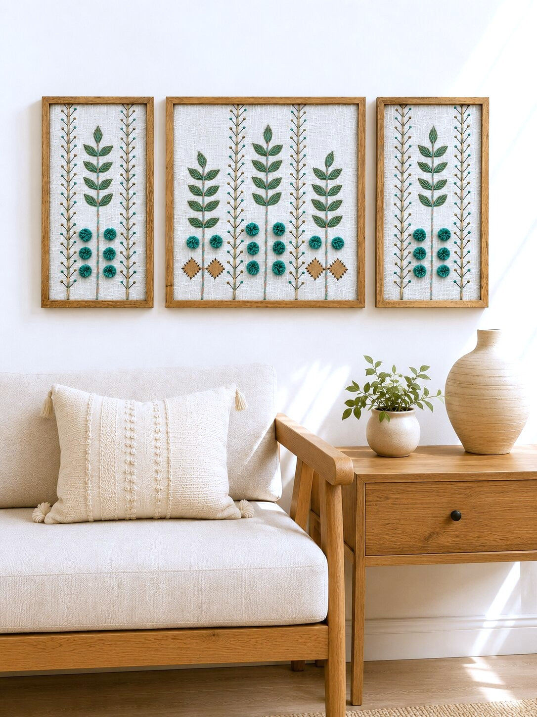 Hand Embroidered Botanical Wall Art Set of 3 – Aqua Garden