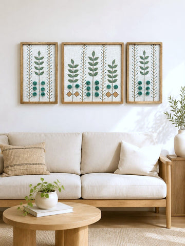 Hand Embroidered Botanical Wall Art Set of 3 – Aqua Garden