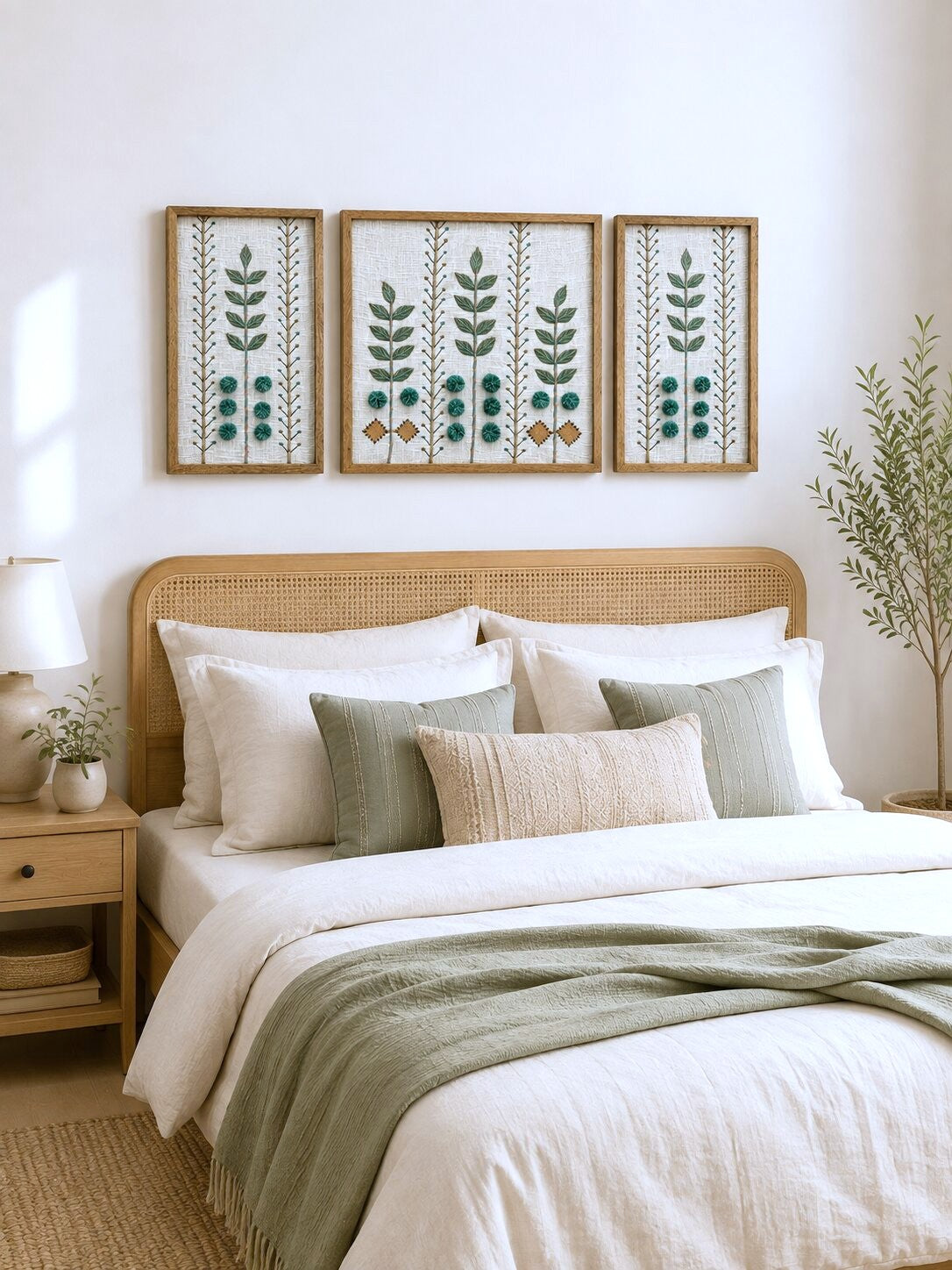 Hand Embroidered Botanical Wall Art Set of 3 – Aqua Garden