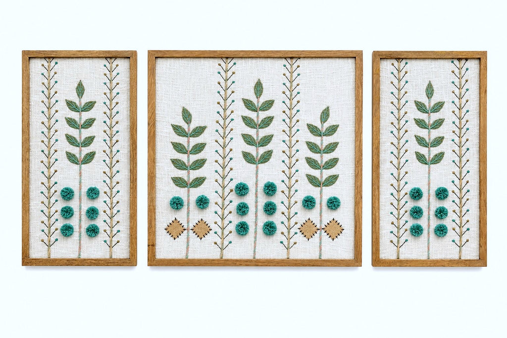 Hand Embroidered Botanical Wall Art Set of 3 – Aqua Garden