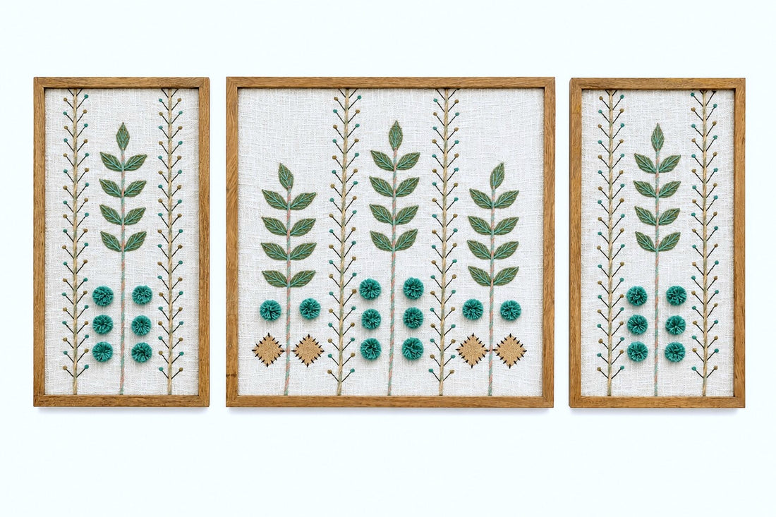 Hand Embroidered Botanical Wall Art Set of 3 – Aqua Garden