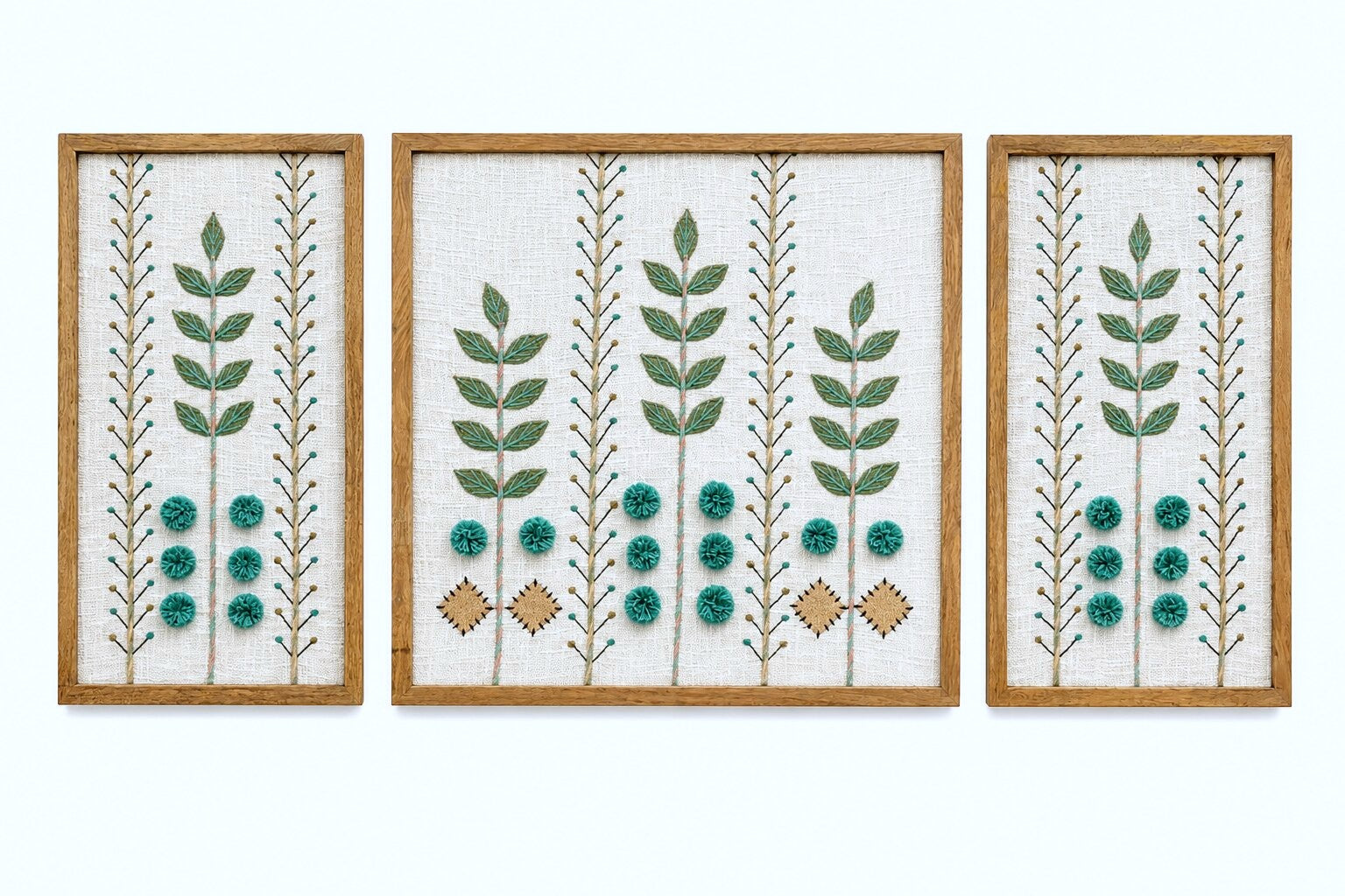 Hand Embroidered Botanical Wall Art Set of 3 – Aqua Garden