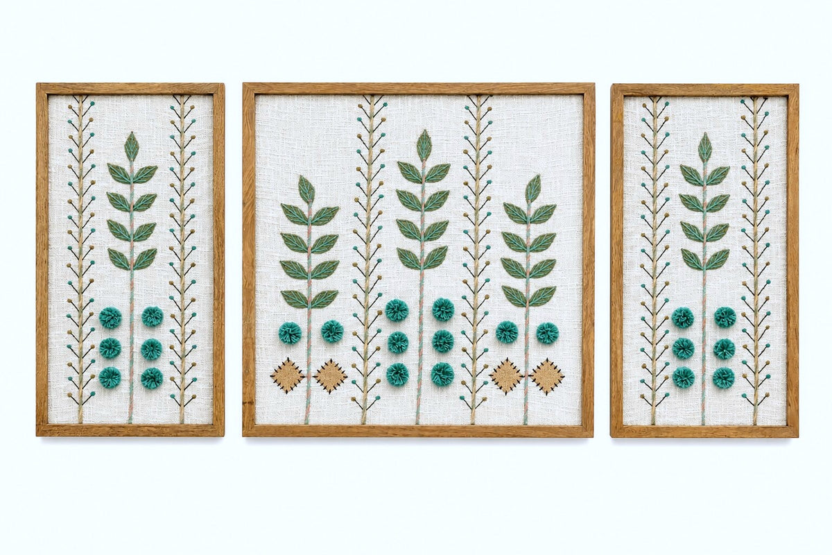 Hand Embroidered Botanical Wall Art Set of 3 – Aqua Garden