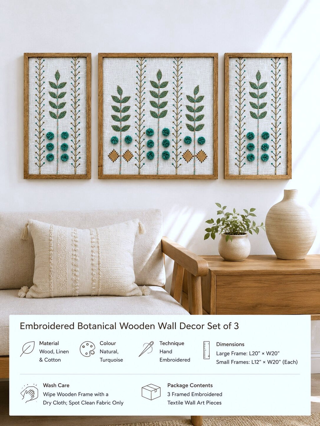 Hand Embroidered Botanical Wall Art Set of 3 – Aqua Garden