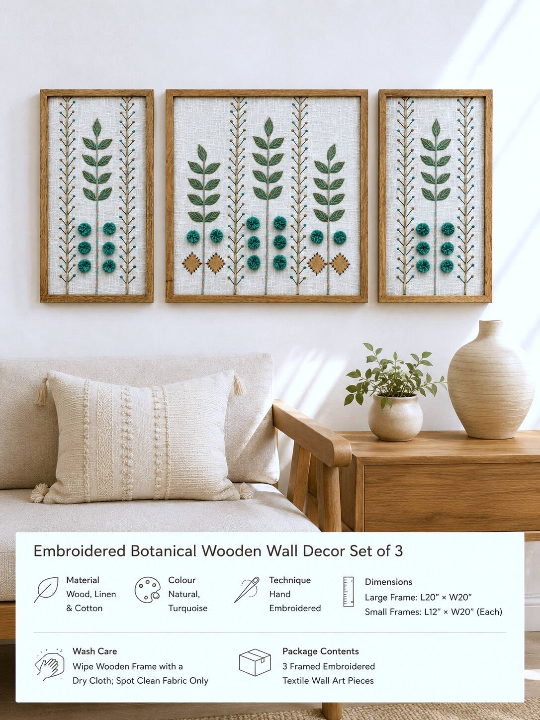 Hand Embroidered Botanical Wall Art Set of 3 – Aqua Garden