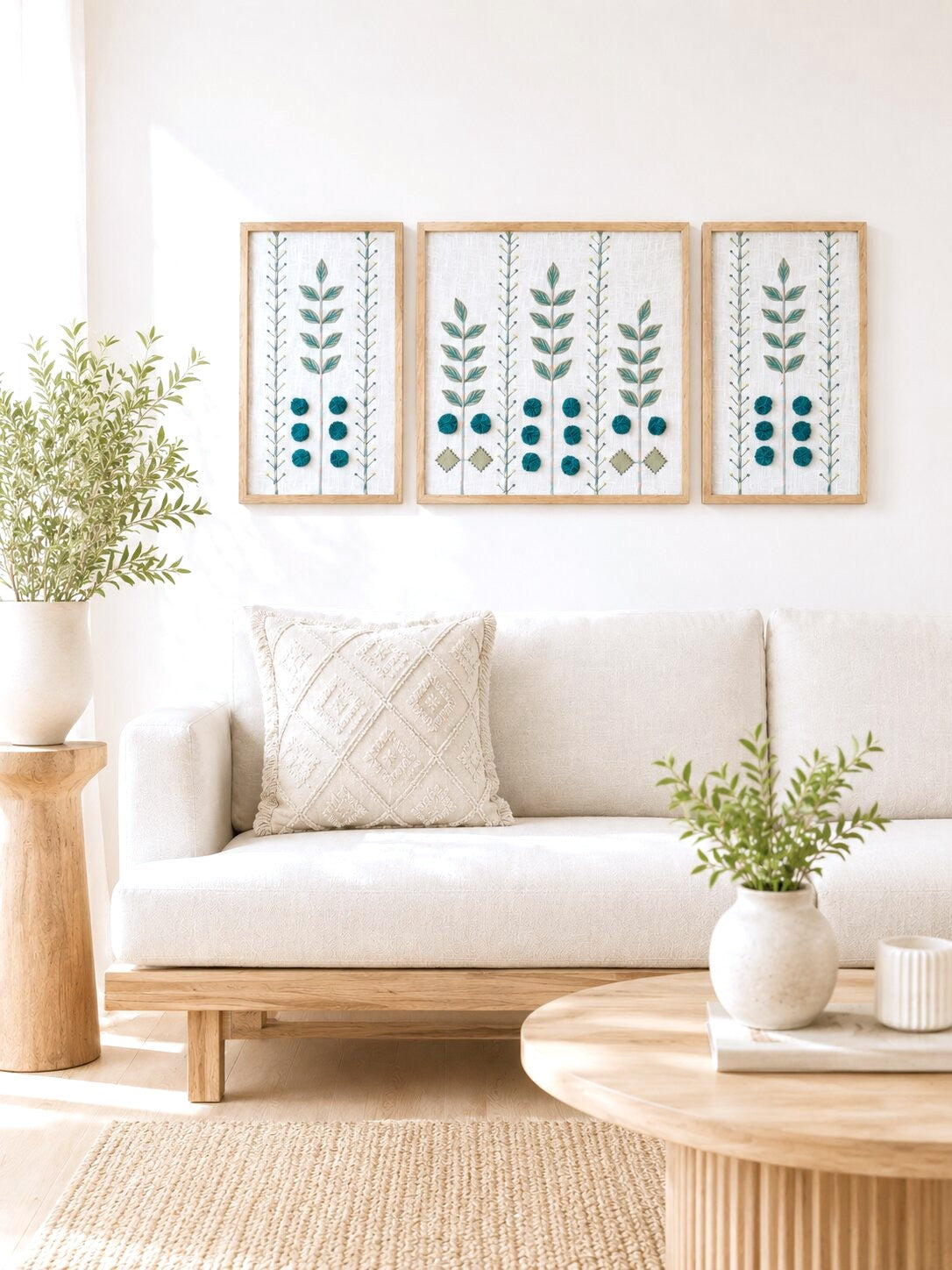 Hand Embroidered Botanical Wall Art Set of 3 – Emerald Grove
