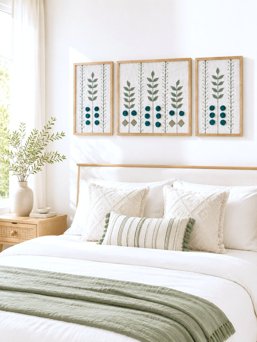 Hand Embroidered Botanical Wall Art Set of 3 – Emerald Grove