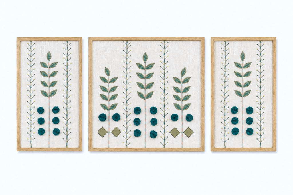 Hand Embroidered Botanical Wall Art Set of 3 – Emerald Grove