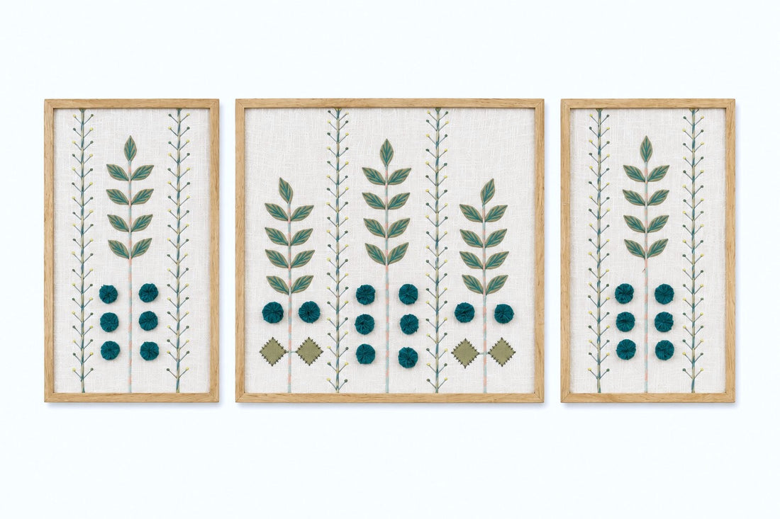 Hand Embroidered Botanical Wall Art Set of 3 – Emerald Grove