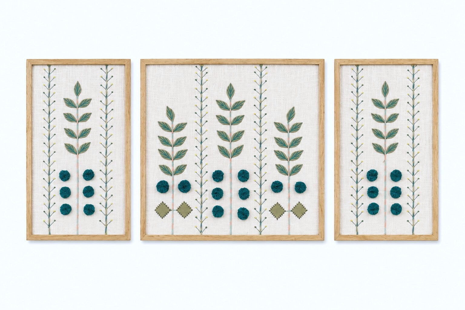 Hand Embroidered Botanical Wall Art Set of 3 – Emerald Grove