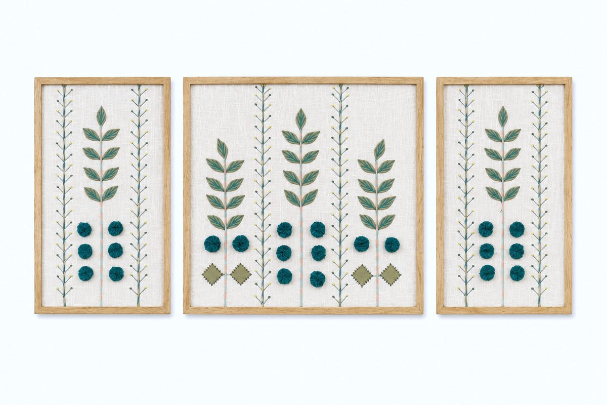 Hand Embroidered Botanical Wall Art Set of 3 – Emerald Grove