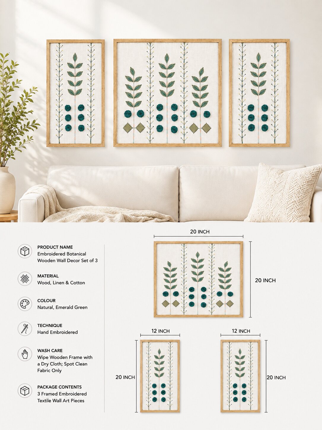 Hand Embroidered Botanical Wall Art Set of 3 – Emerald Grove