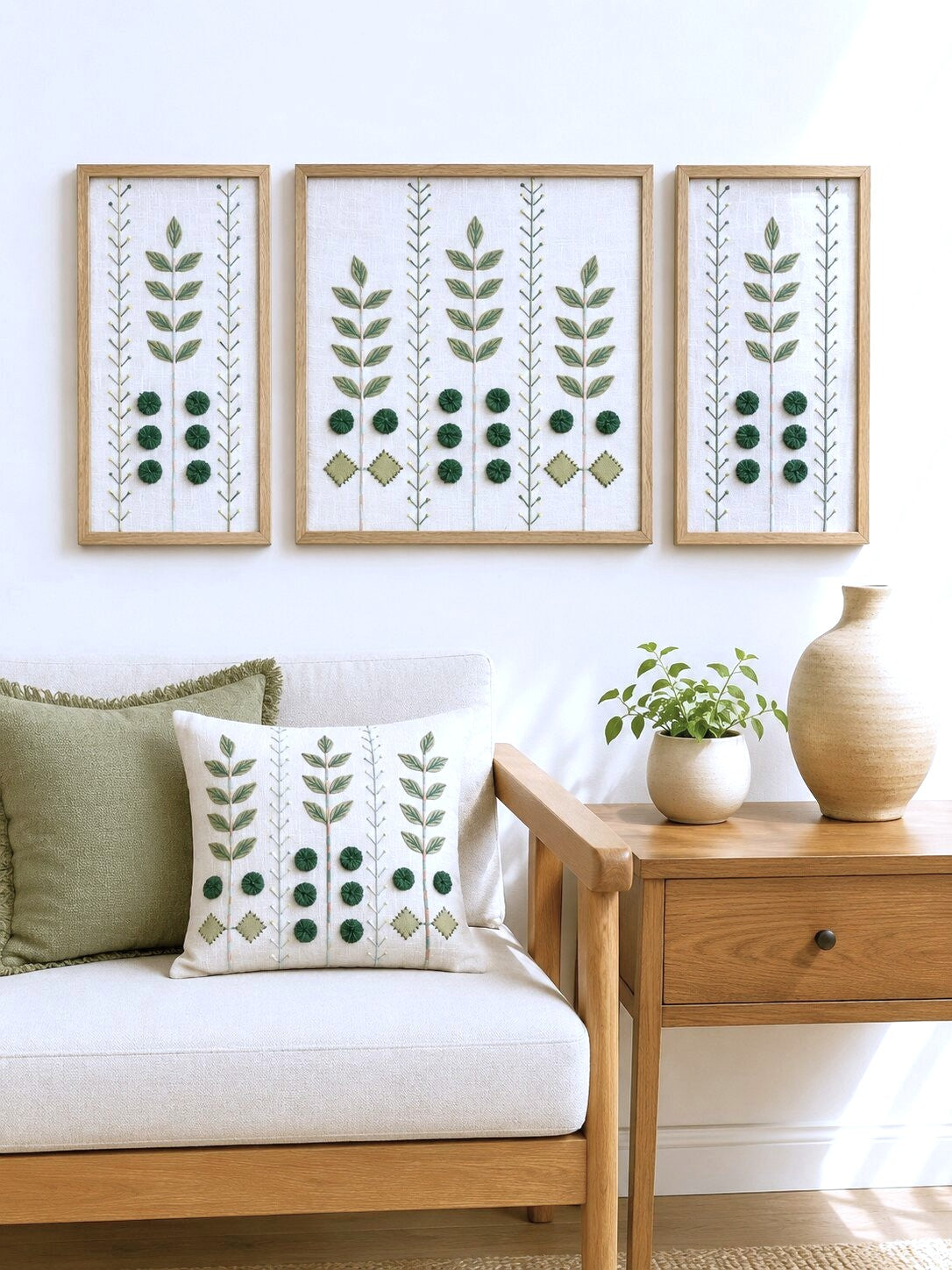 Hand Embroidered Botanical Wall Art Set of 3 – Emerald Grove