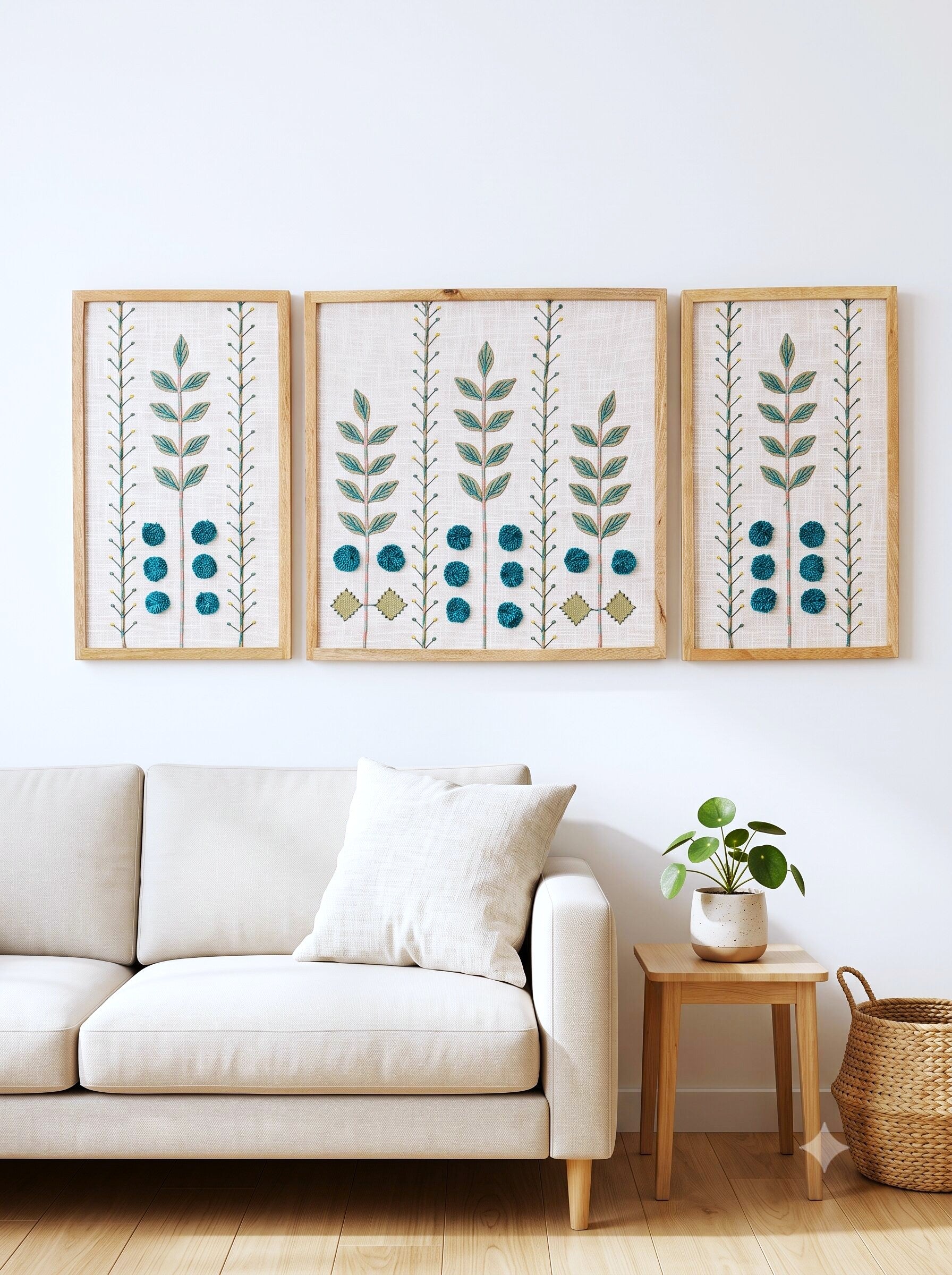 Hand Embroidered Botanical Wall Art Set of 3 – Emerald Grove